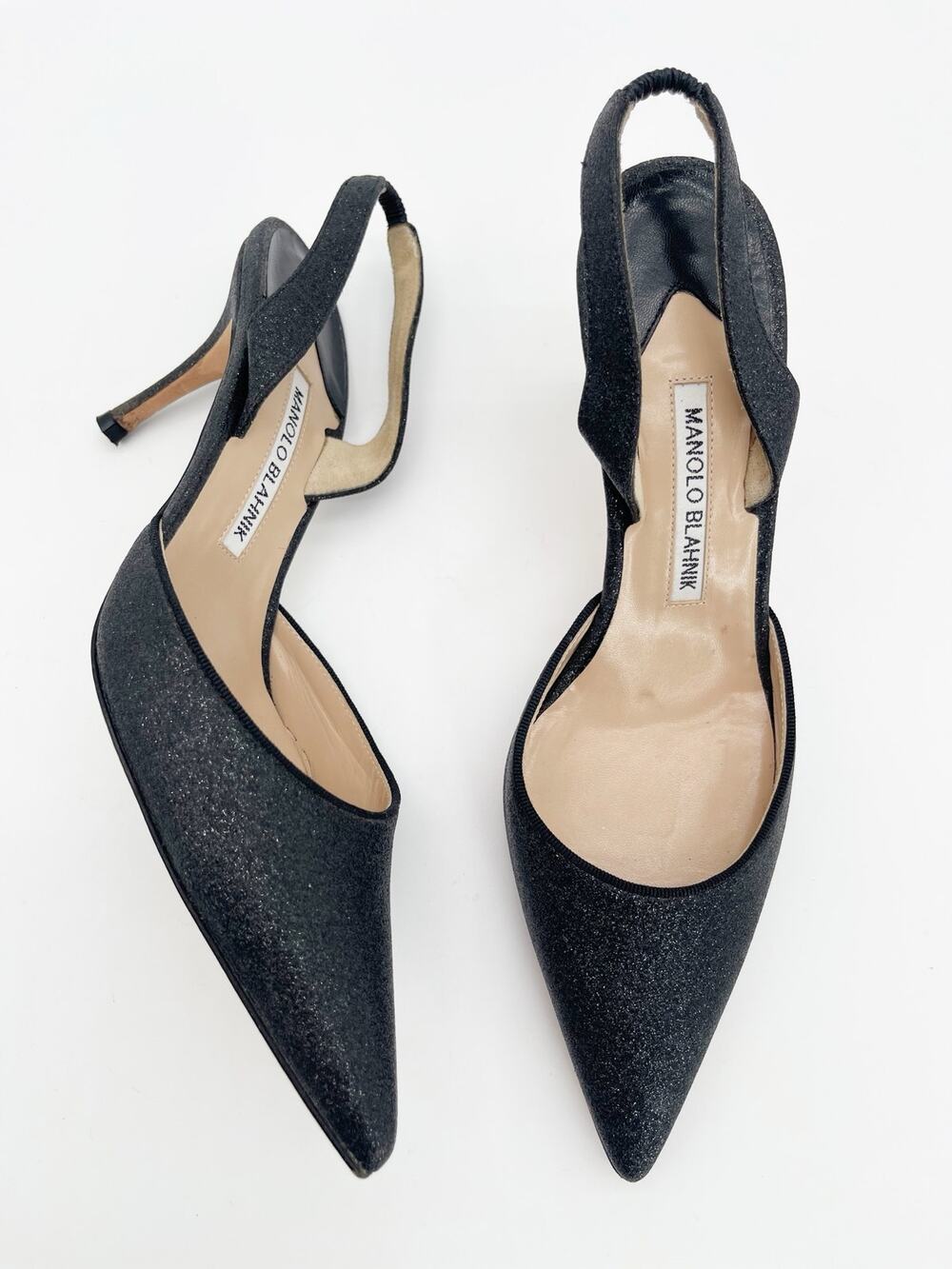 Manolo Blahnik Carolyne Black Glitter Pointed Toe Slingback Stiletto Heels IT 38